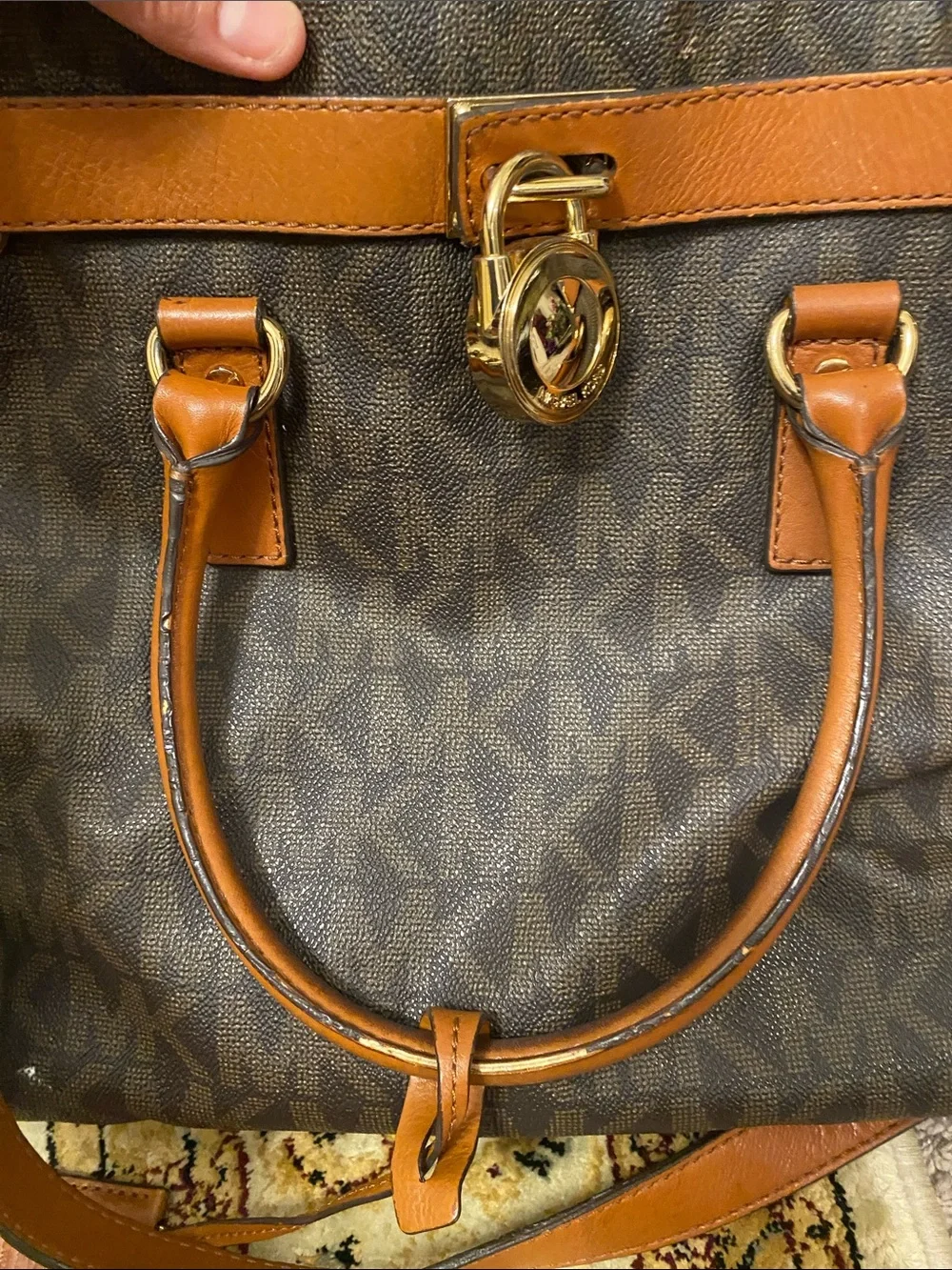 Michael Kors Brown and Tan Monogram Tote with Gold Hardware large Hamilton